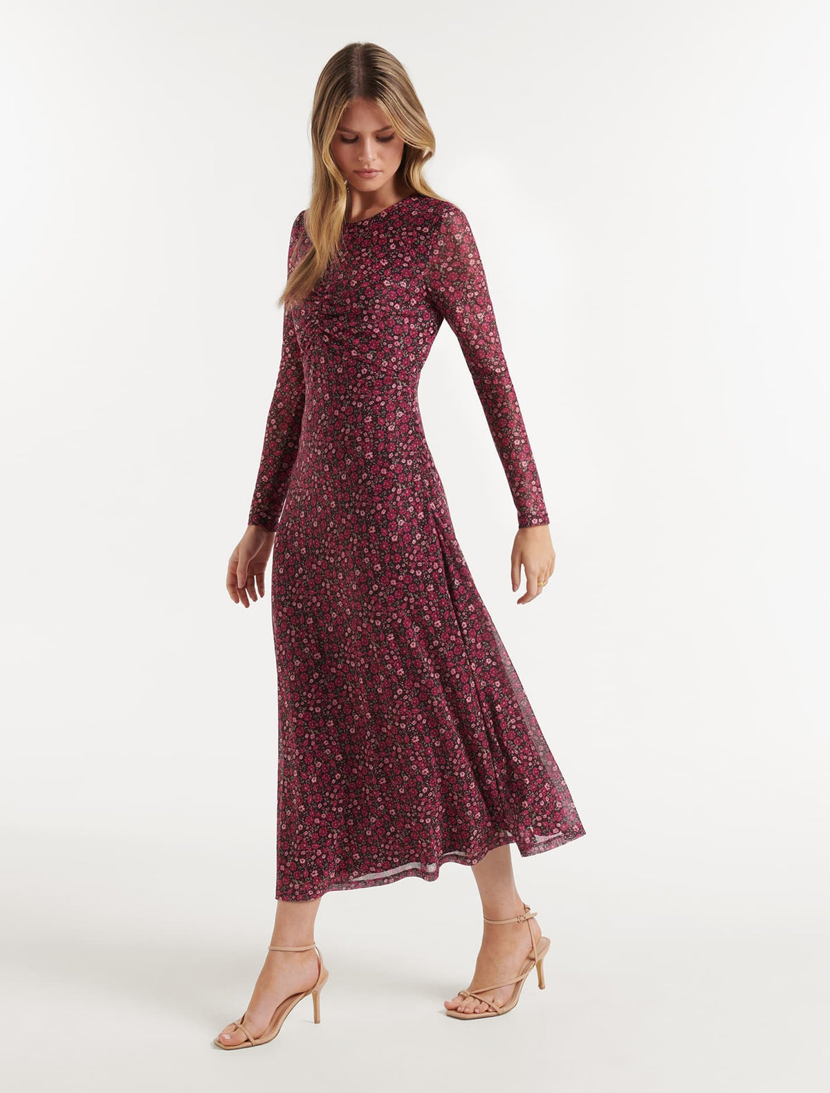 Darcy Ruched Mesh Midi Dress Rouge Addison Ditsy