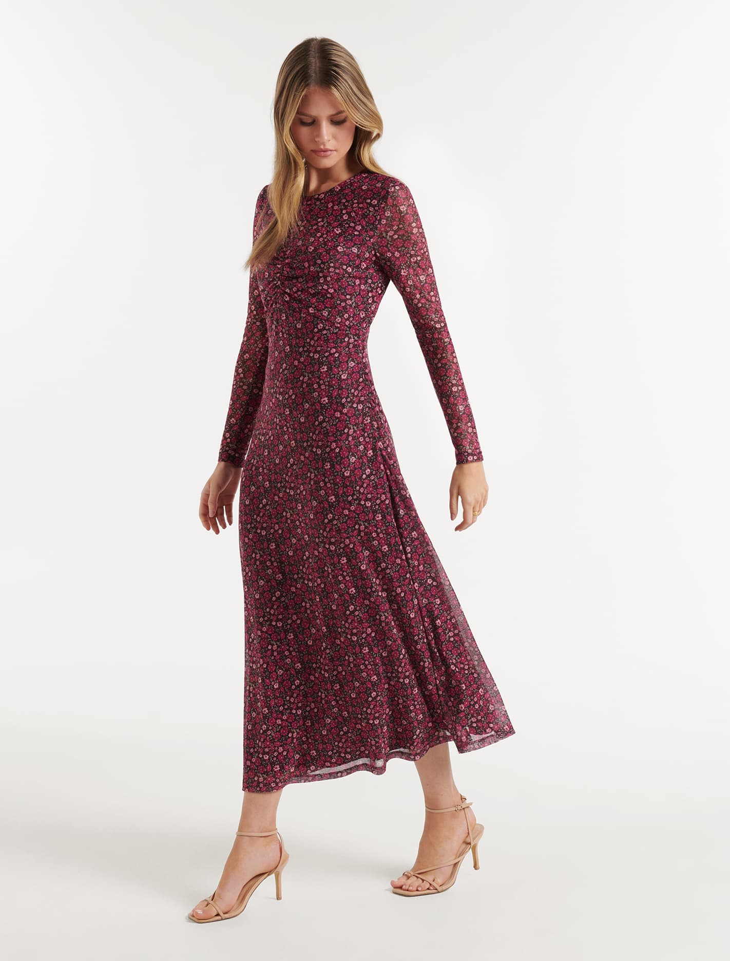 Darcy Ruched Mesh Midi Dress Rouge Addison Ditsy