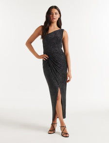 Chiara One Shoulder Glitter Gown Black / Silver