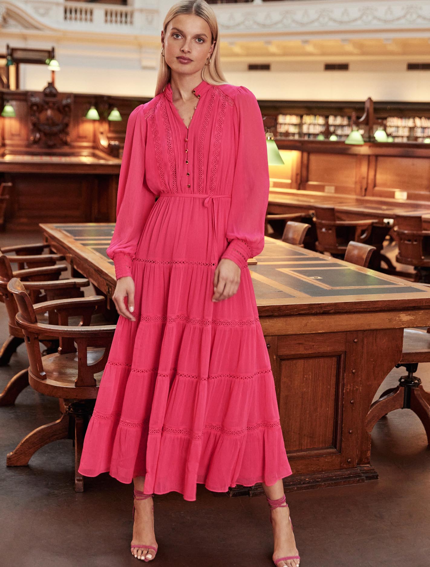 Juliette Trim Detail Midi Dress Hot Pink