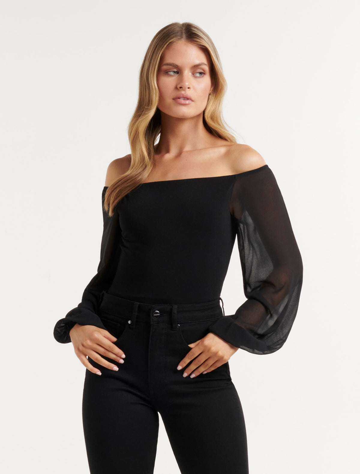 Bonnie Bardot Sheer Sleeve Top Black