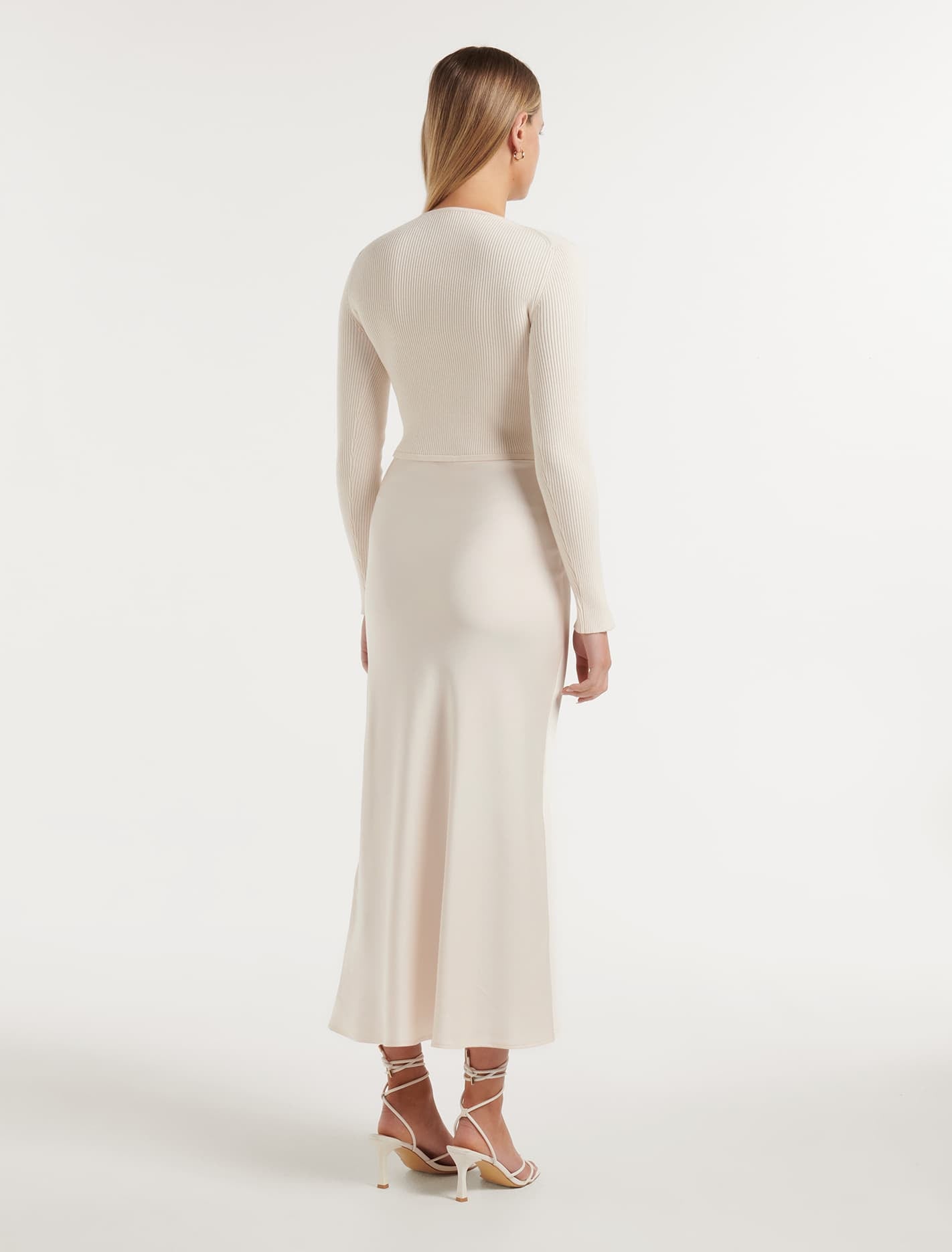 Alicia Long Sleeve Satin Mix Knit Dress Cream