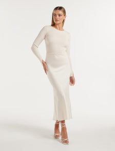 Alicia Long Sleeve Satin Mix Knit Dress Cream