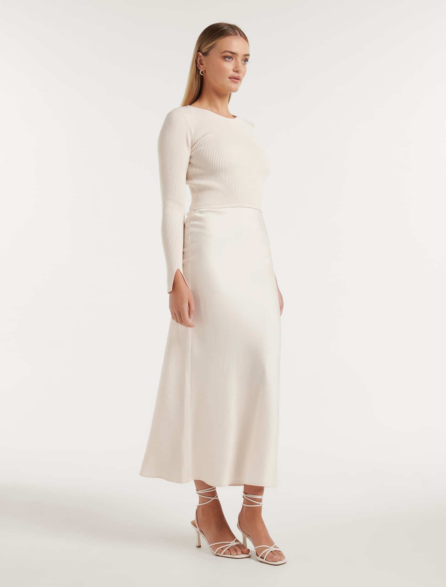 Alicia Long Sleeve Satin Mix Knit Dress Cream