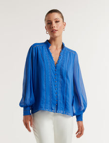 Fifi Trim Spliced Blouse Blue Atmosphere