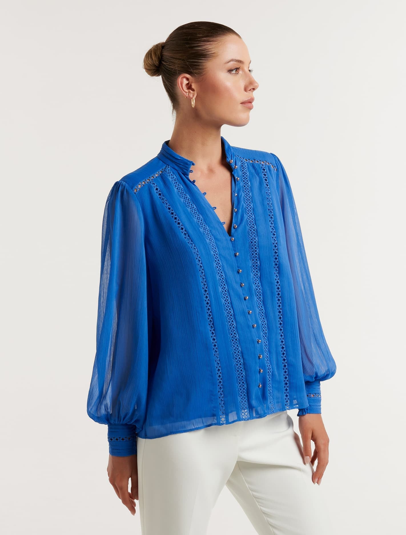 Fifi Trim Spliced Blouse Blue Atmosphere