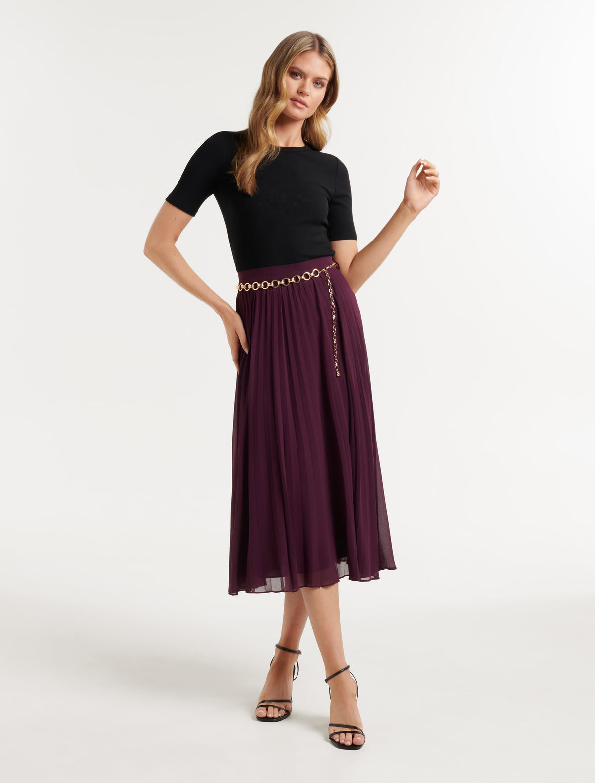 Monroe Belted Pleated Skirt Eggplant