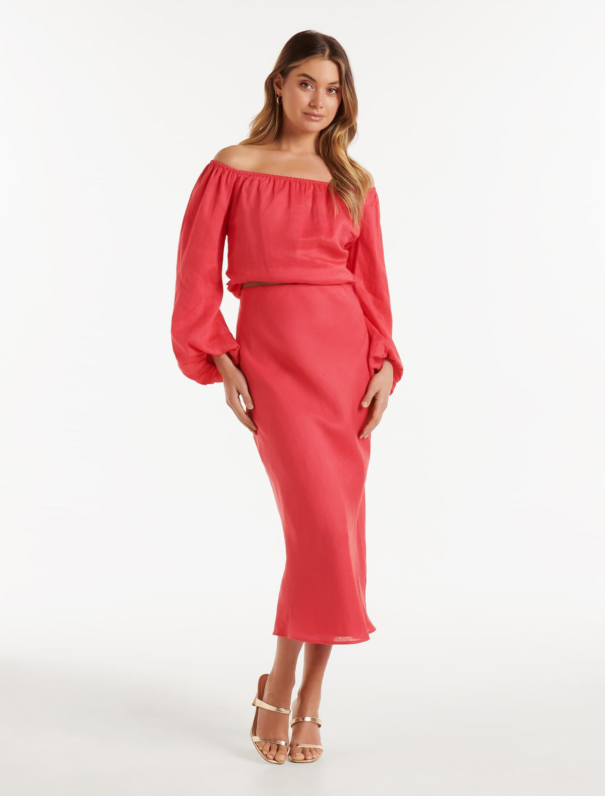 Giselle Linen Bardot Top Hot Raspberry Co-Ord