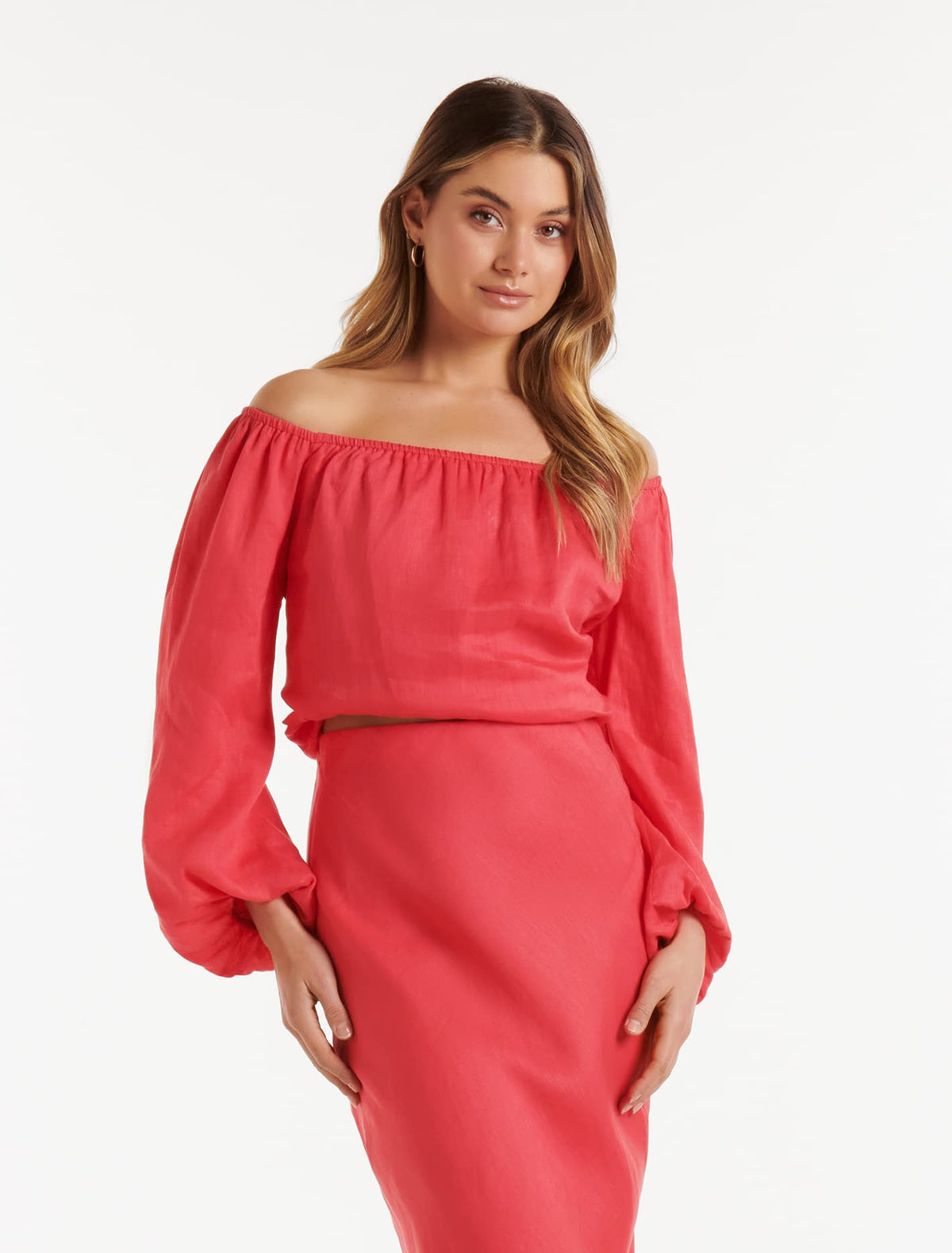 Giselle Linen Bardot Top Hot Raspberry Co-Ord
