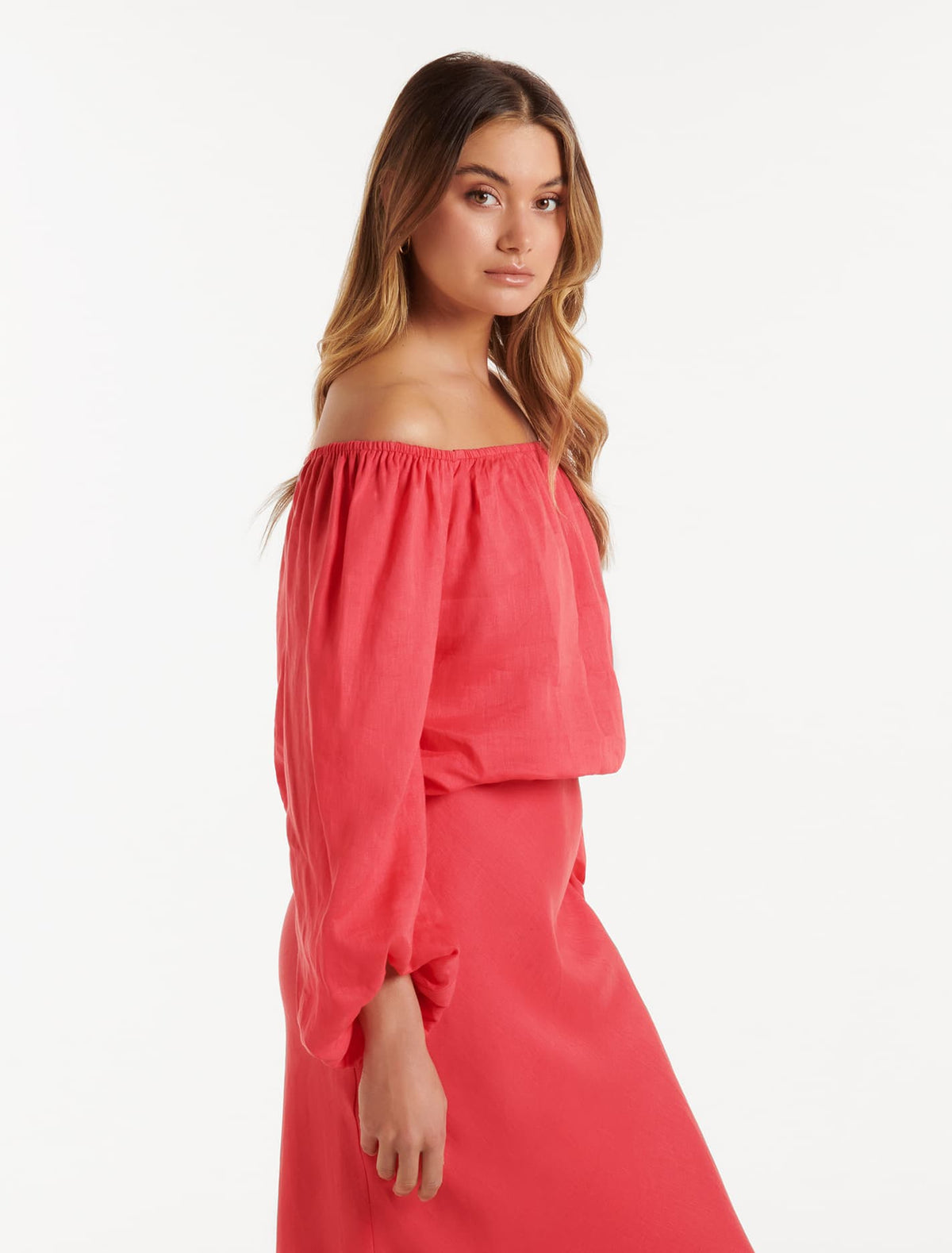 Giselle Linen Bardot Top Hot Raspberry Co-Ord