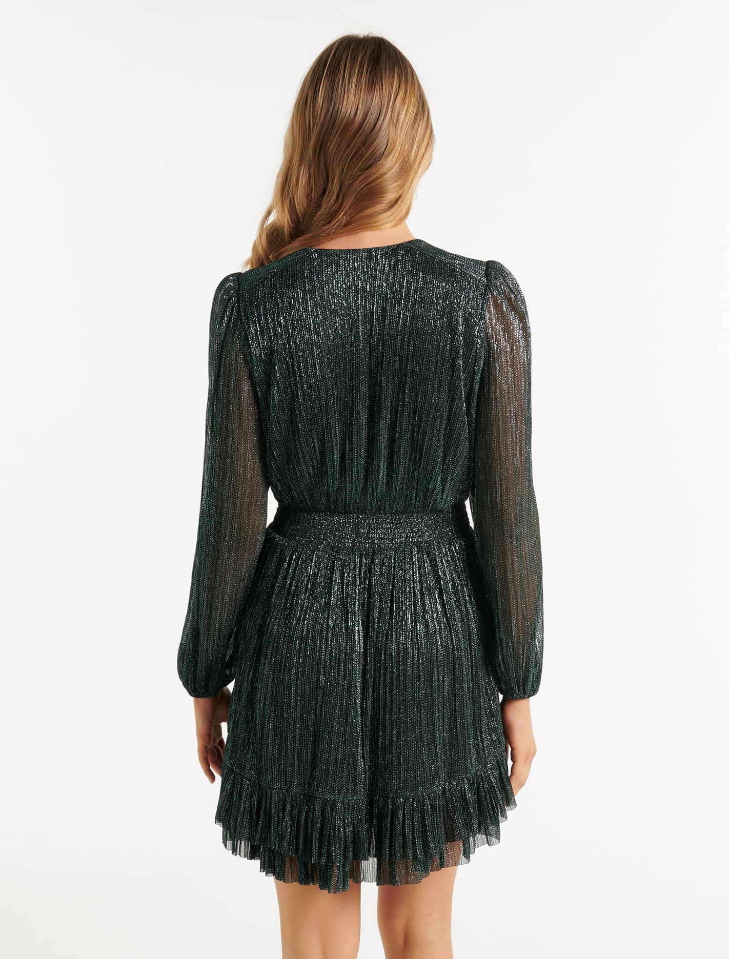 Goldie Long Sleeve Plisse Mini Dress Dark Green