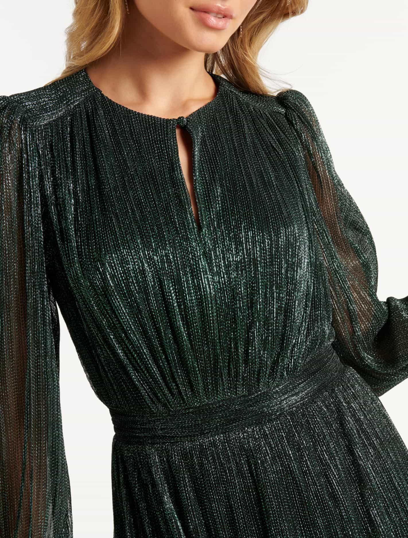 Goldie Long Sleeve Plisse Mini Dress Dark Green