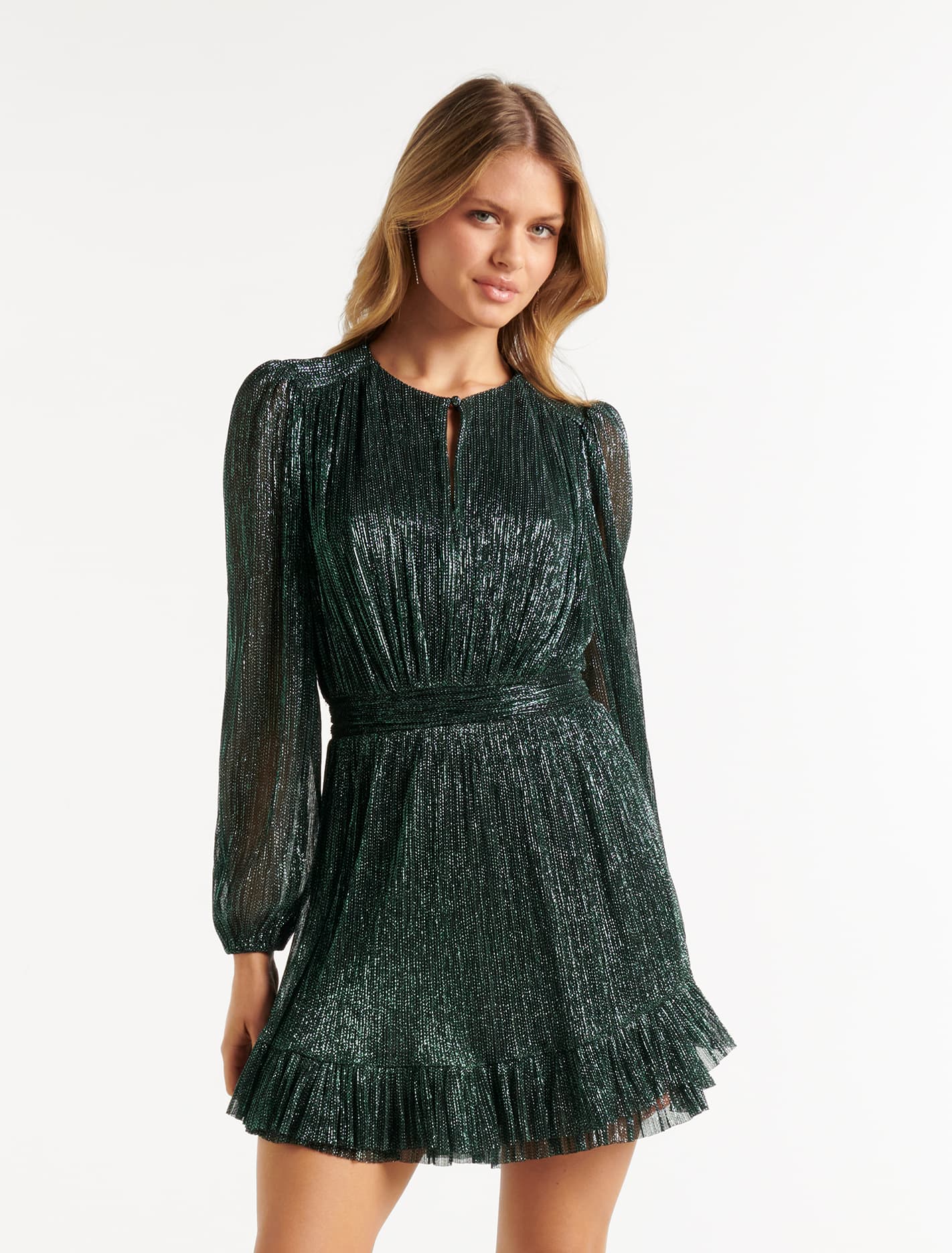 Goldie Long Sleeve Plisse Mini Dress Dark Green