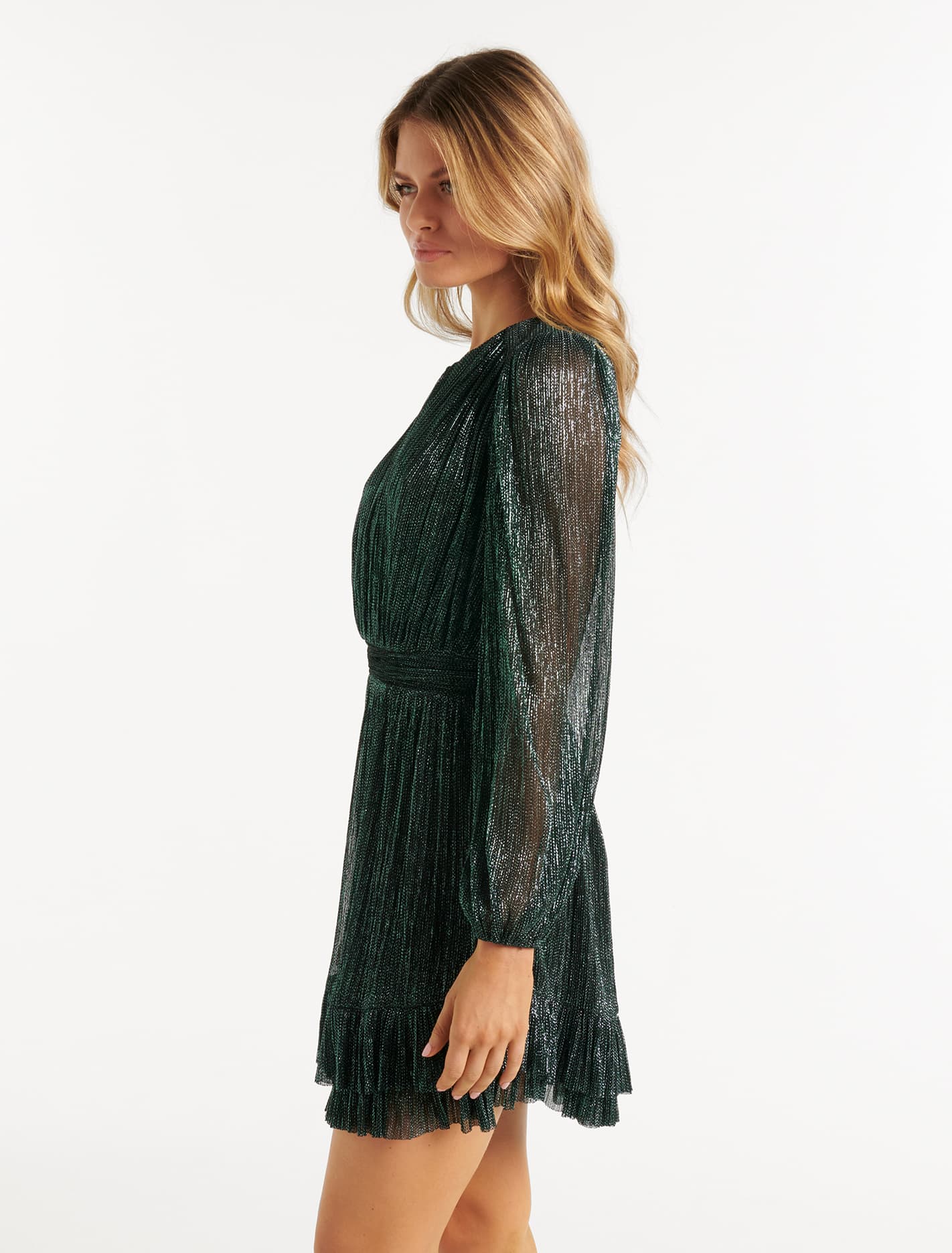 Goldie Long Sleeve Plisse Mini Dress Dark Green