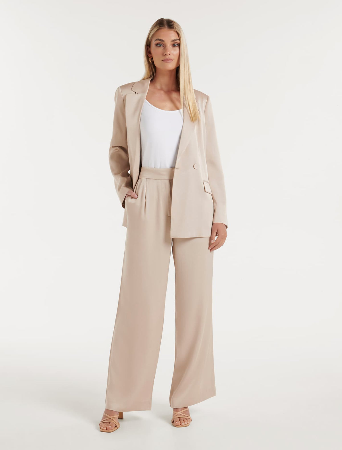 Alora Satin Wide Leg Pants Silver Cloud Suit