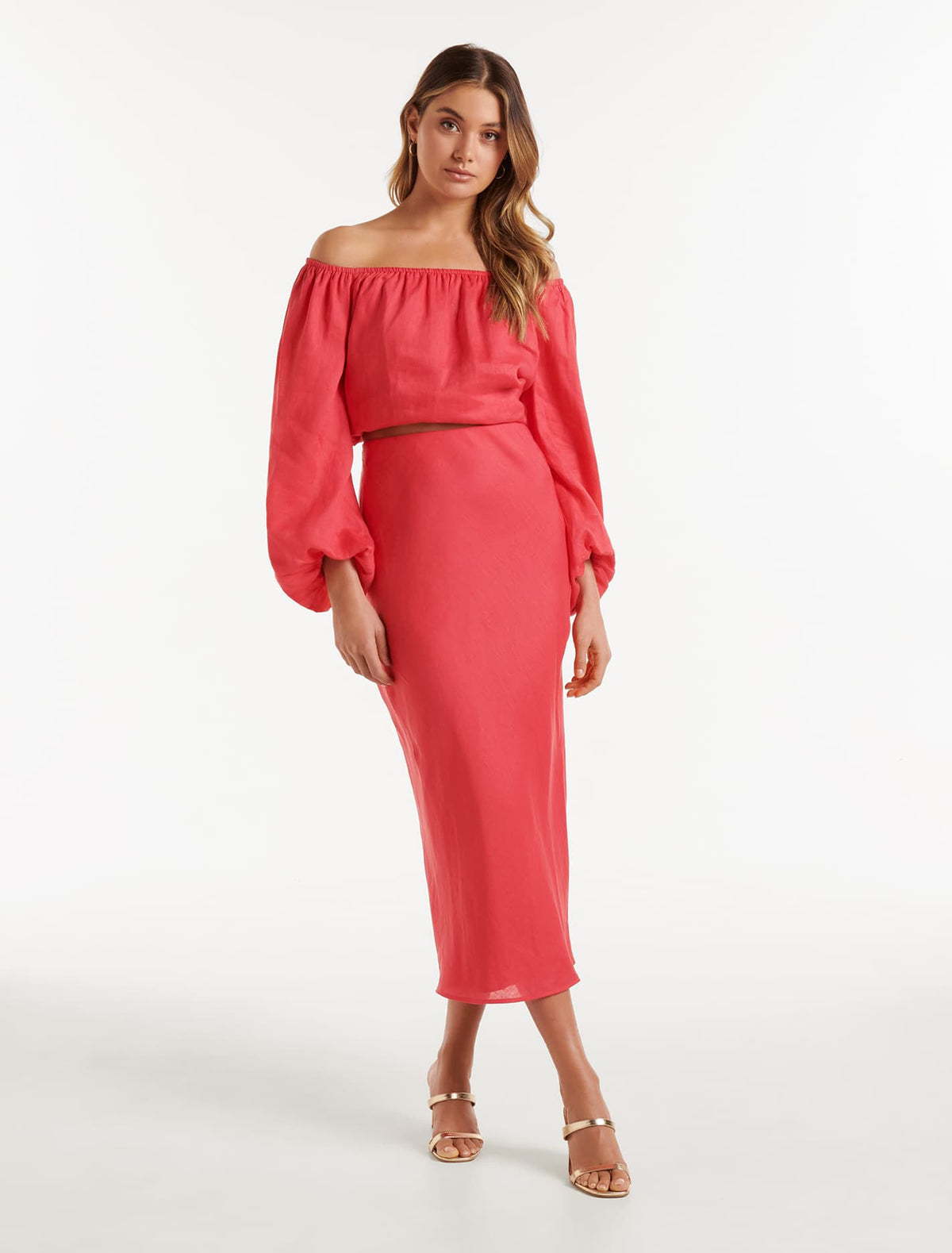 Molly Linen Bias Midi Skirt Hot Raspberry Co-Ord