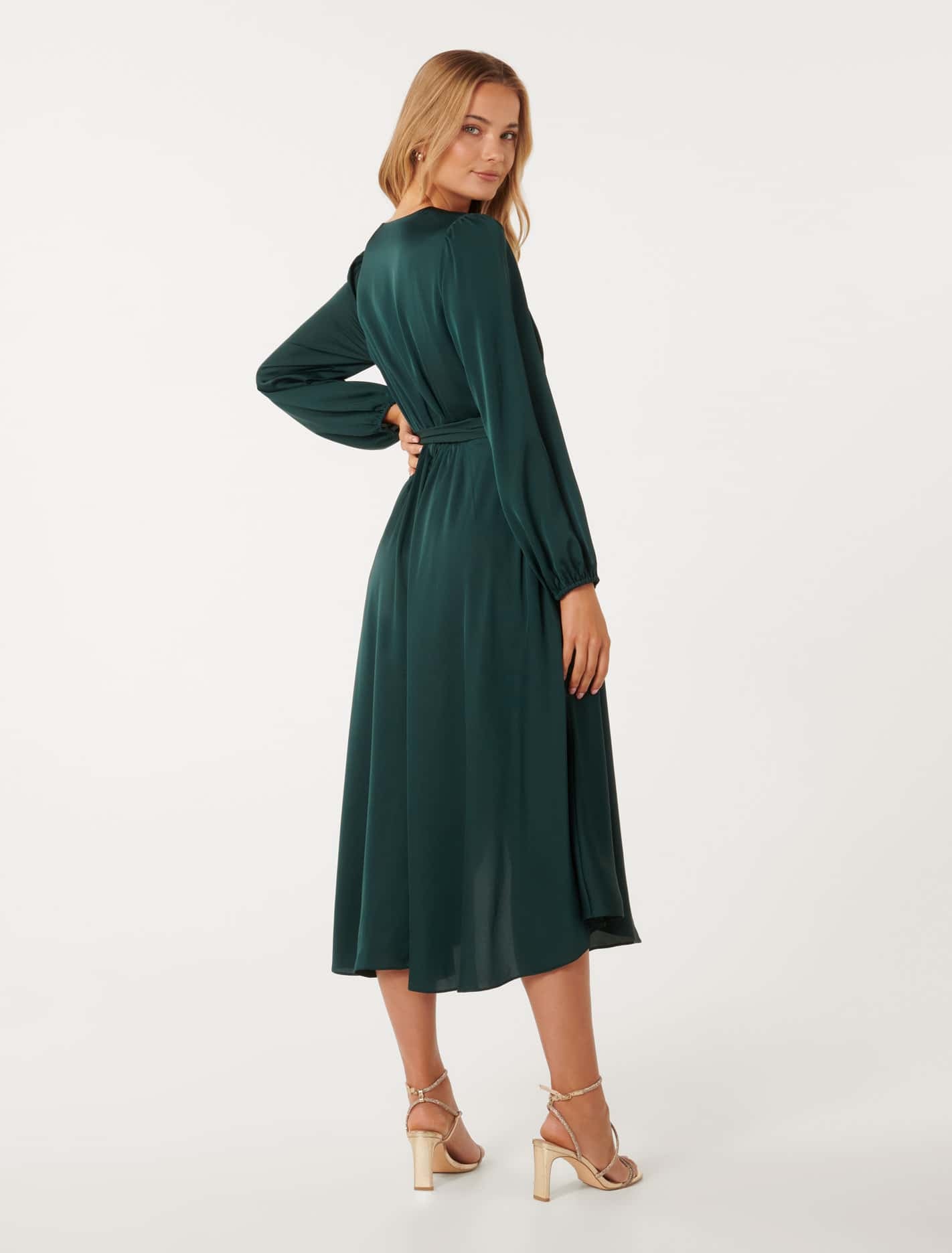 Marilyn Satin Wrap Midi Dress Dark Green