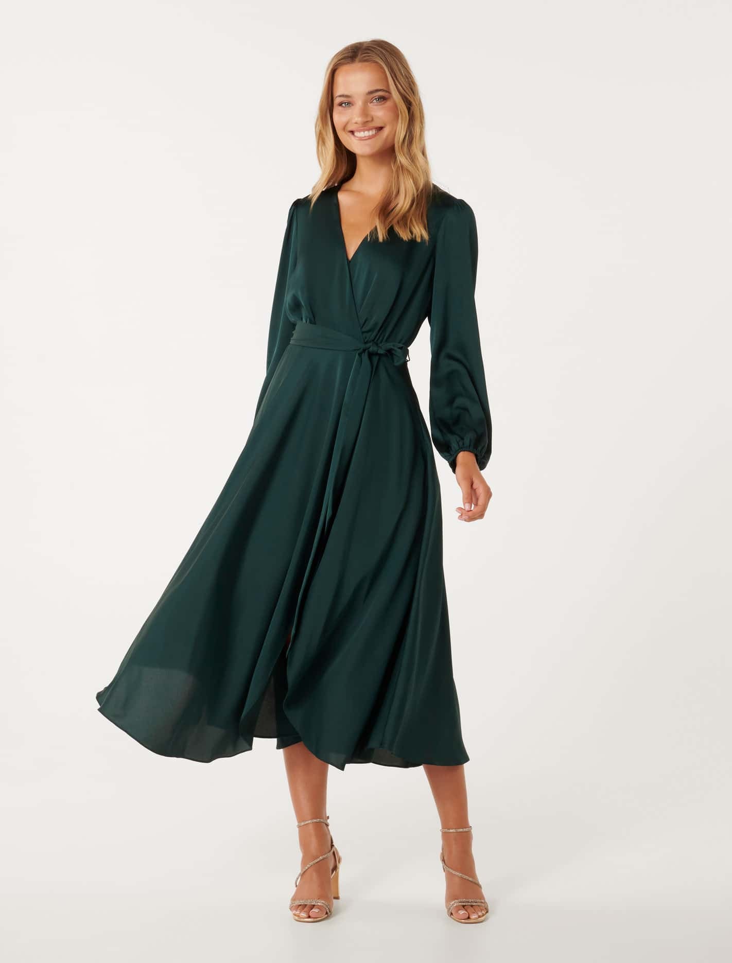 Marilyn Satin Wrap Midi Dress Dark Green