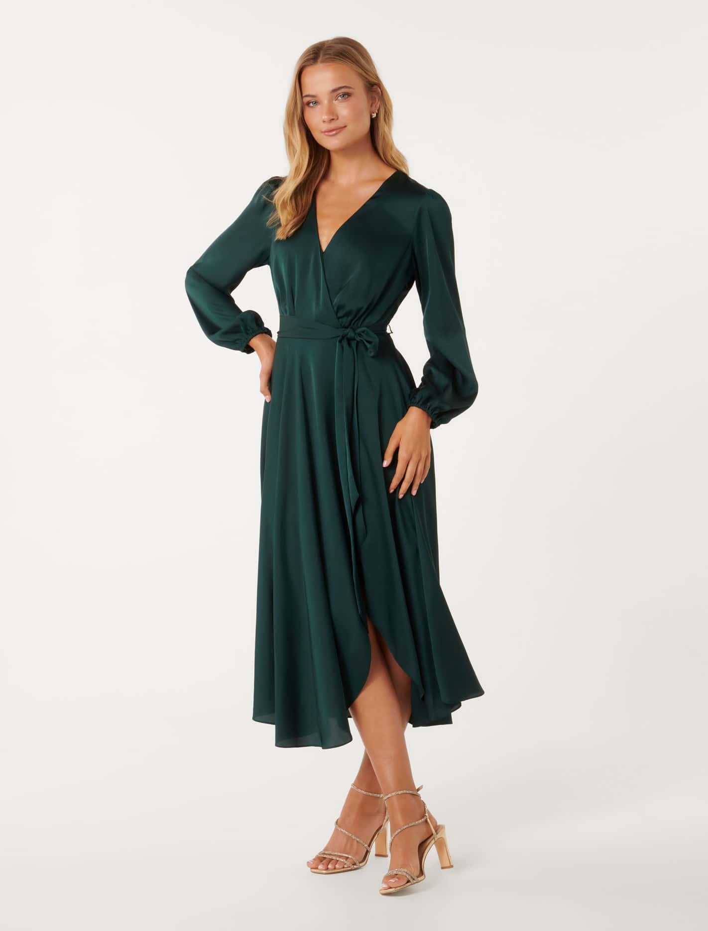 Marilyn Satin Wrap Midi Dress Dark Green