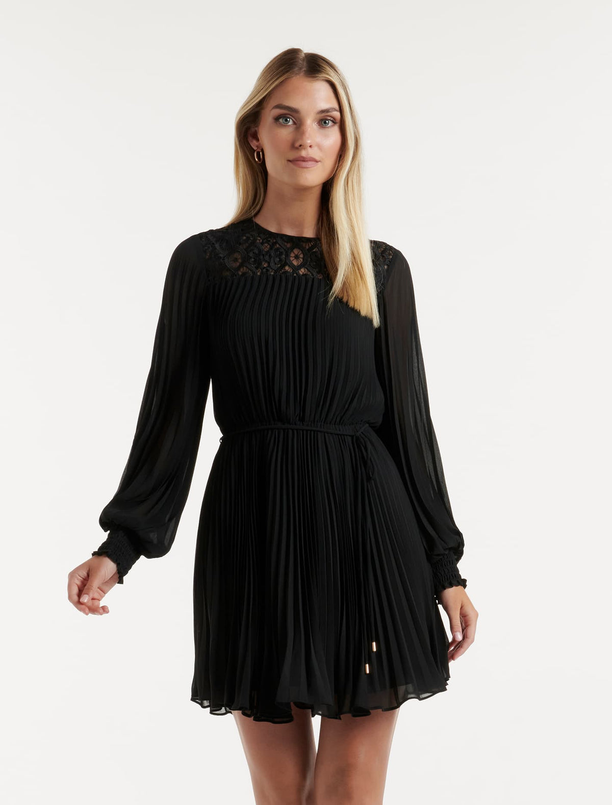 Maire Pleated Lace Mini Dress Black