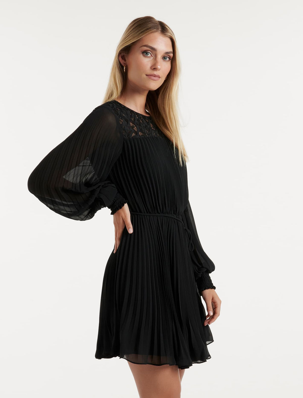 Maire Pleated Lace Mini Dress Black