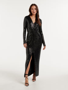 Larissa Metallic Twist Midi Dress Black and Silver Spot
