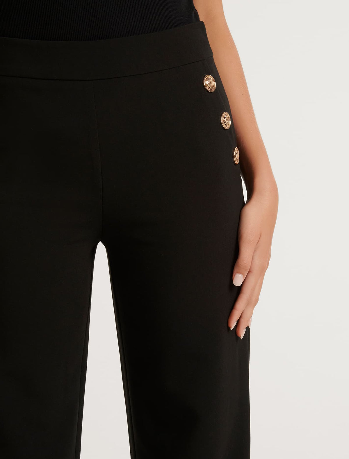 Megan Button Wide Leg Pant Black