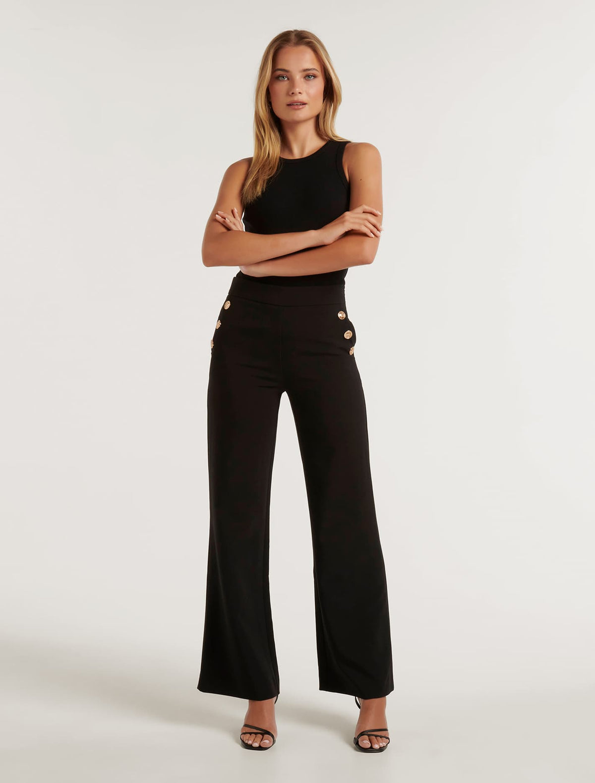 Megan Button Wide Leg Pant Black
