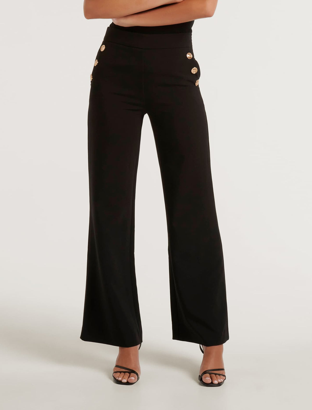 Megan Button Wide Leg Pant Black