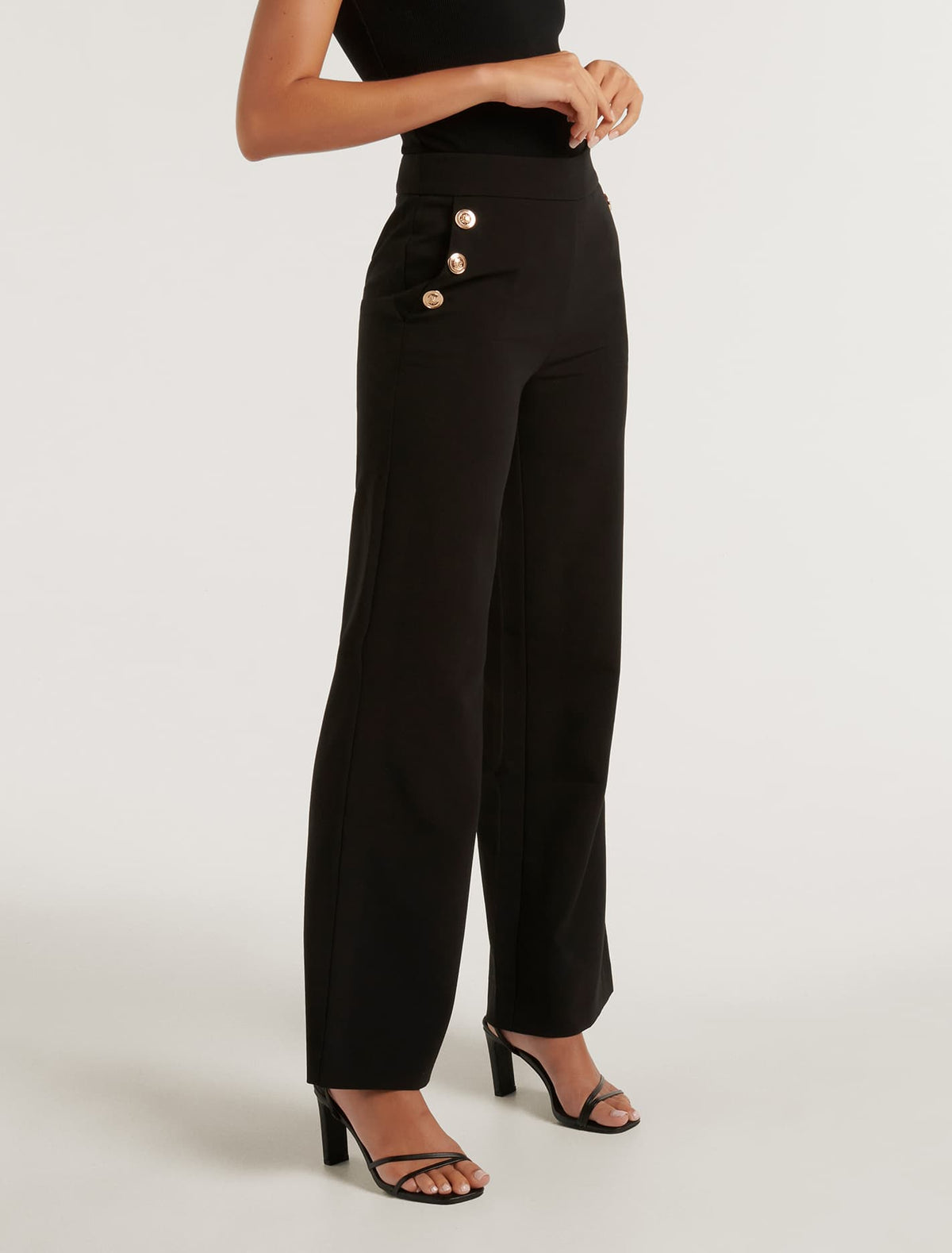 Megan Button Wide Leg Pant Black