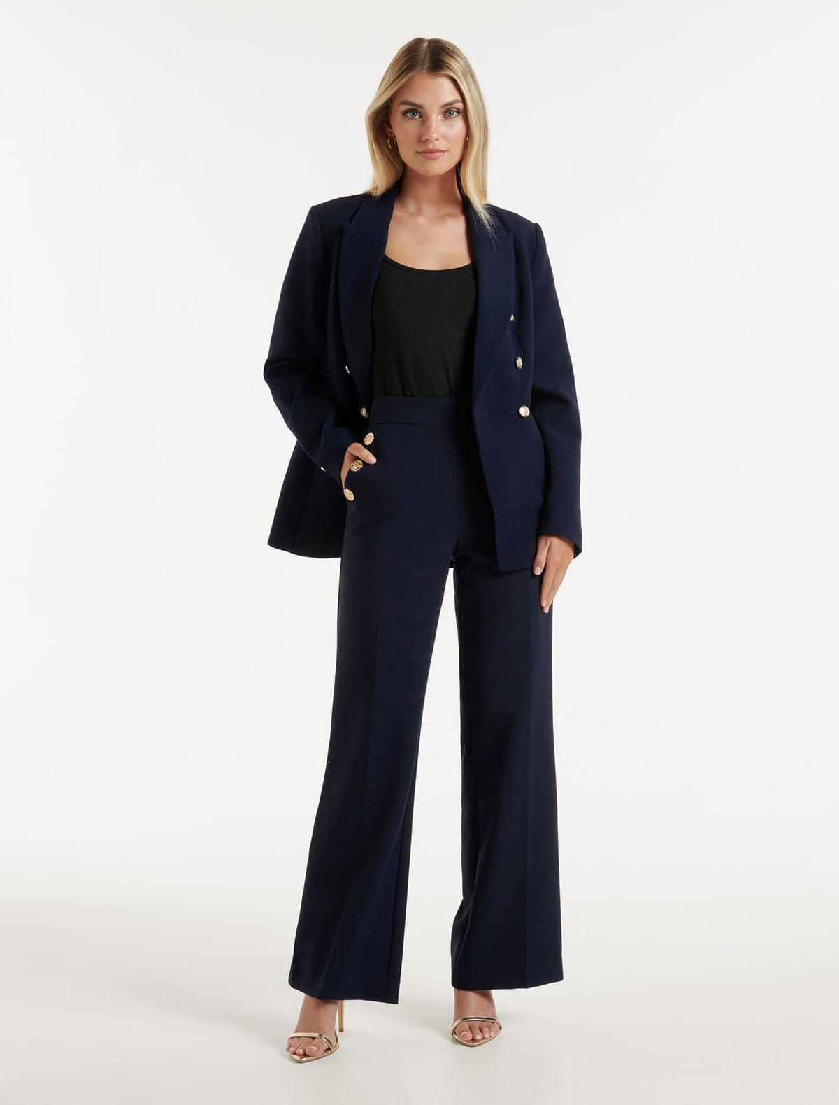 Megan Button Wide Leg Pant Navy