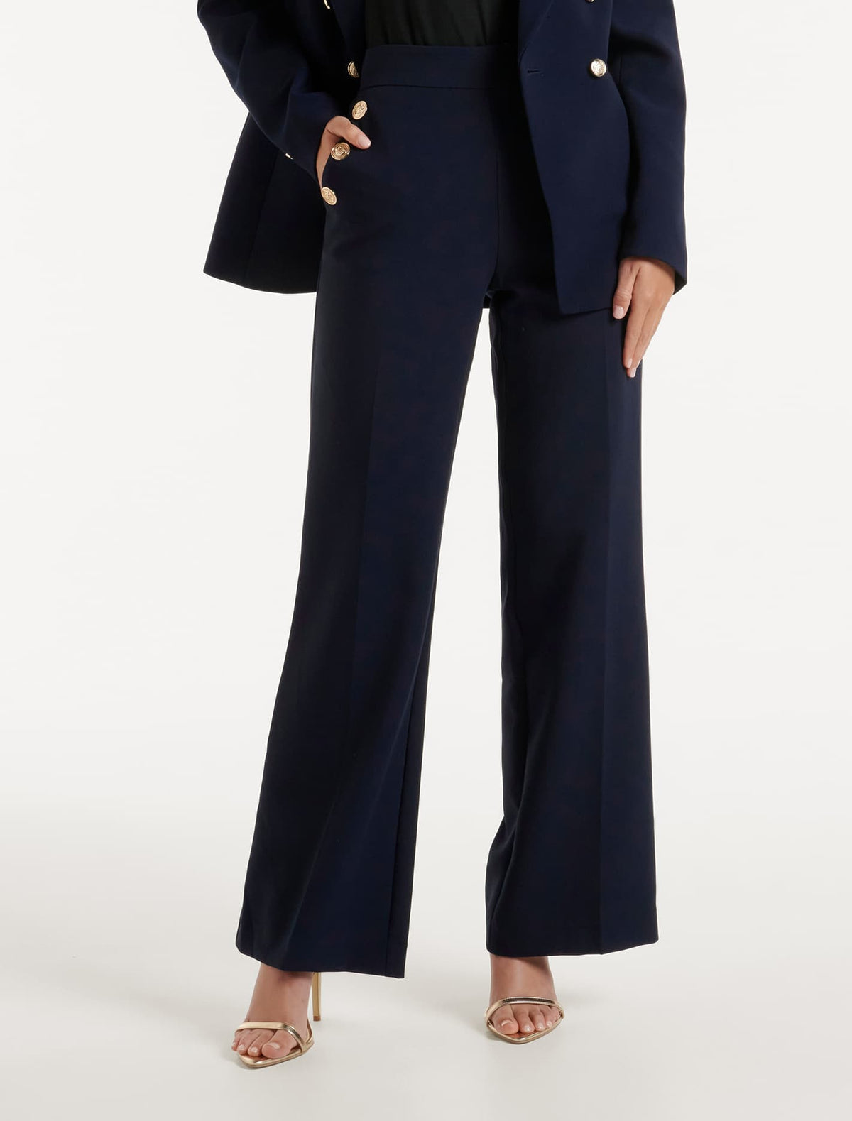 Megan Button Wide Leg Pant Navy