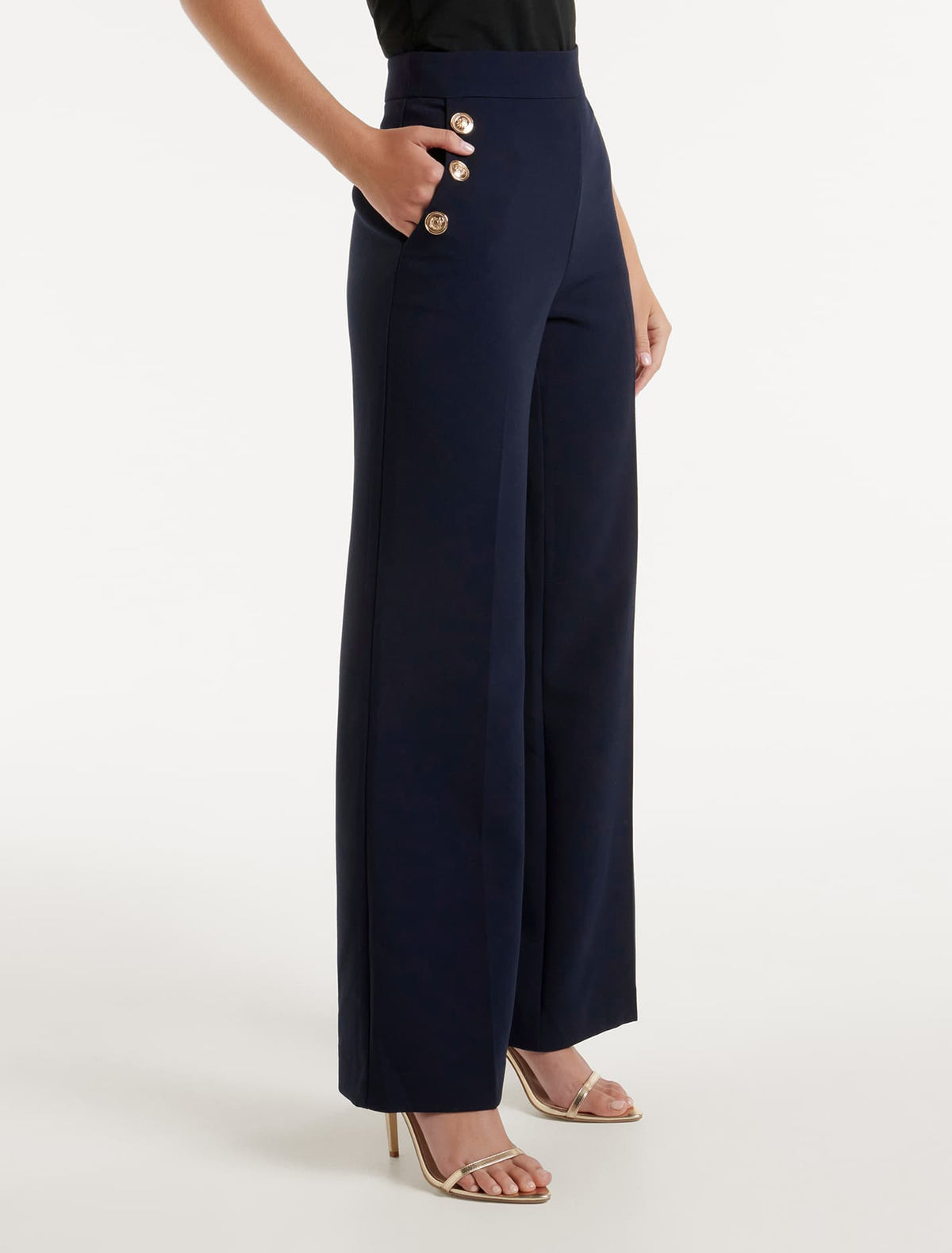 Megan Button Wide Leg Pant Navy