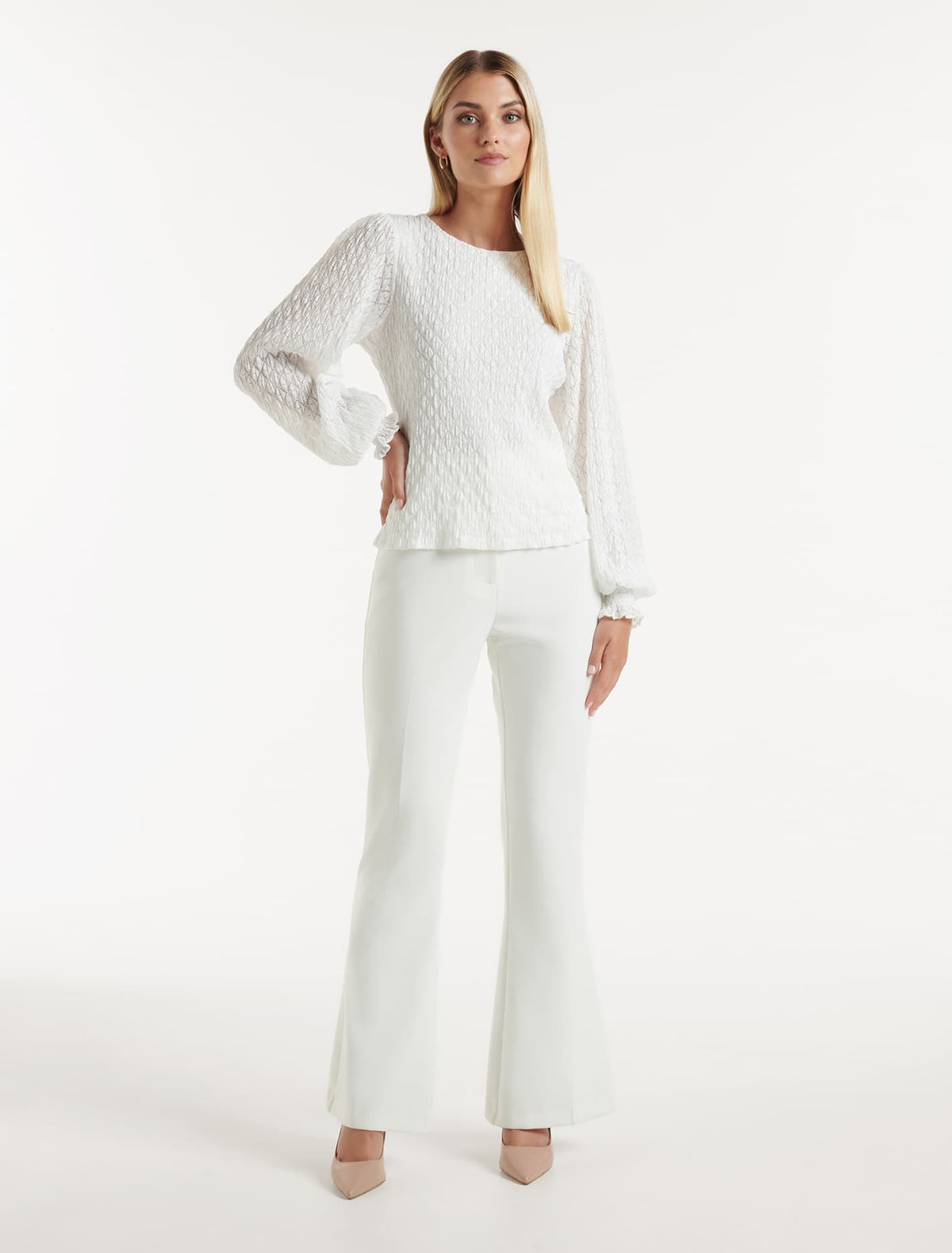 Tyesha Lace Shirred Cuff Top Porcelain