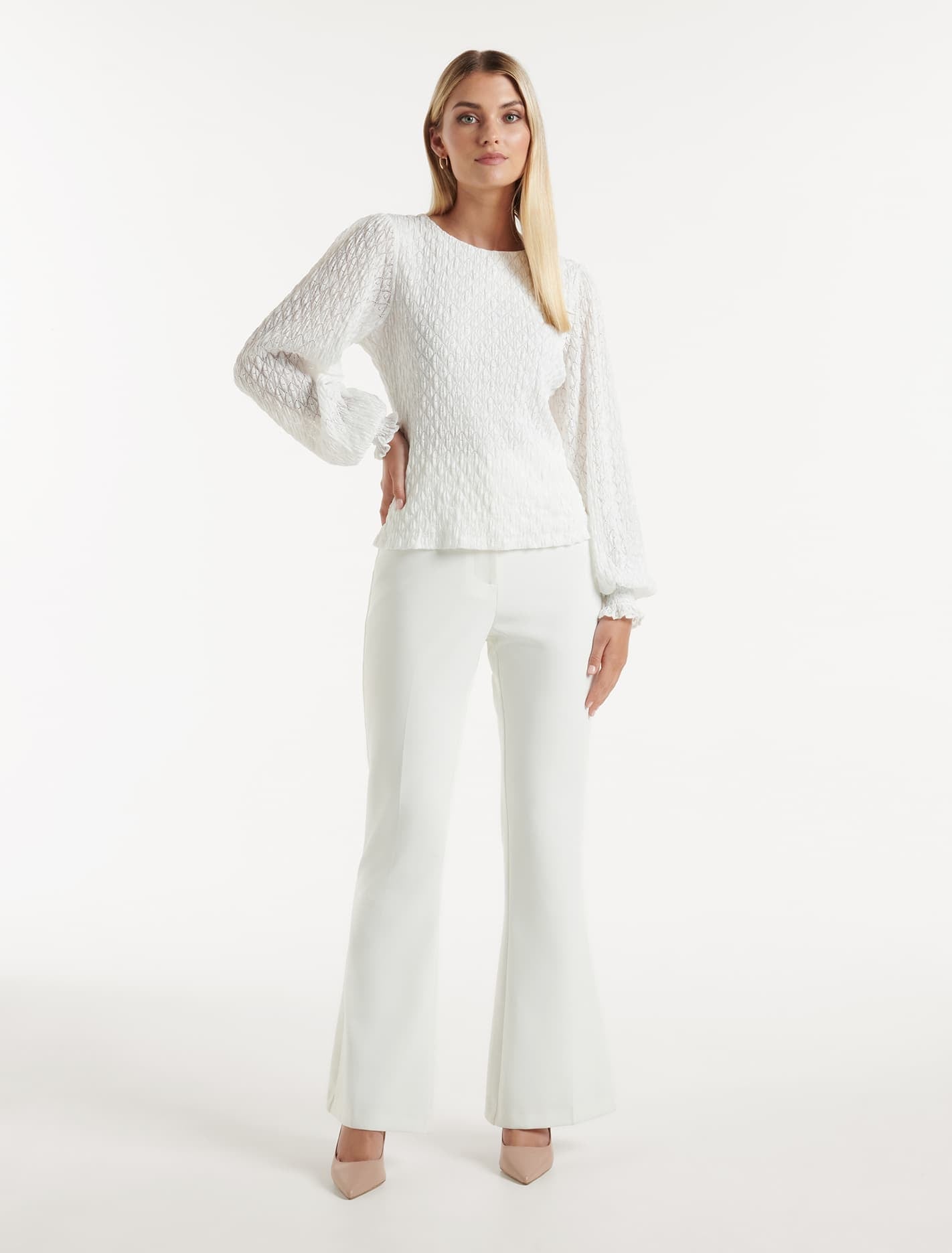 Tyesha Lace Shirred Cuff Top Porcelain