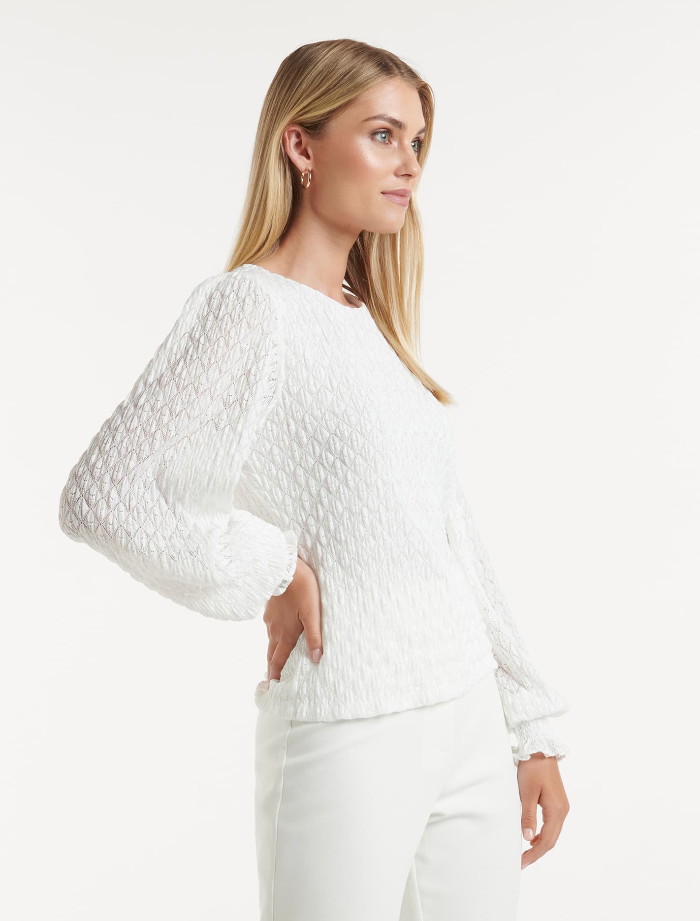 Tyesha Lace Shirred Cuff Top Porcelain