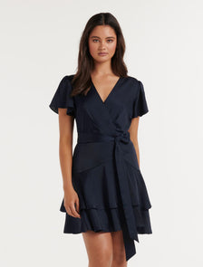 Emerson Flutter Sleeve Satin Mini Navy
