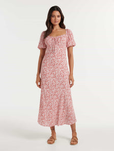 Lorelai Ruched Front Midi Dress Red Westbury Ditsy