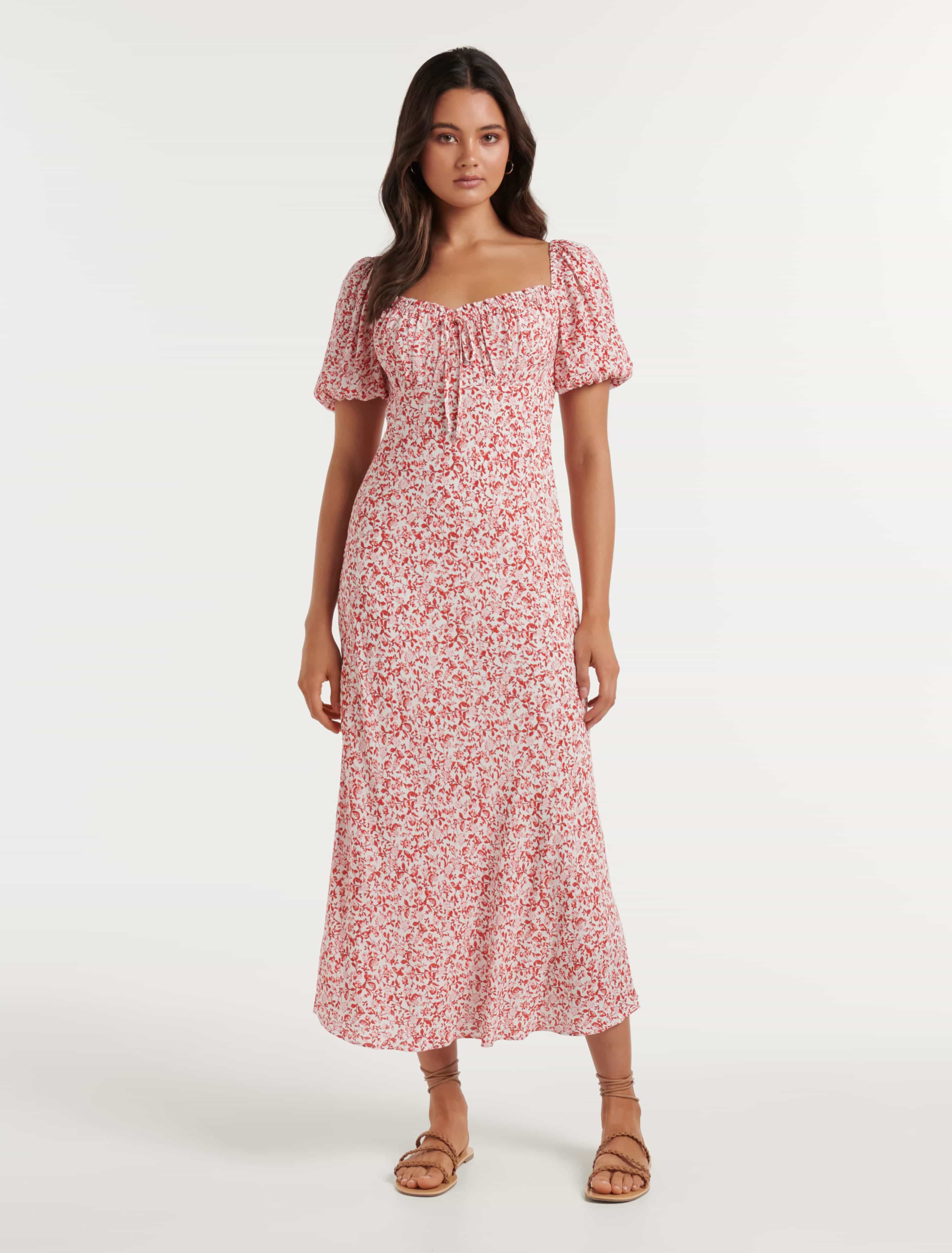 Lorelai Ruched Front Midi Dress Red Westbury Ditsy