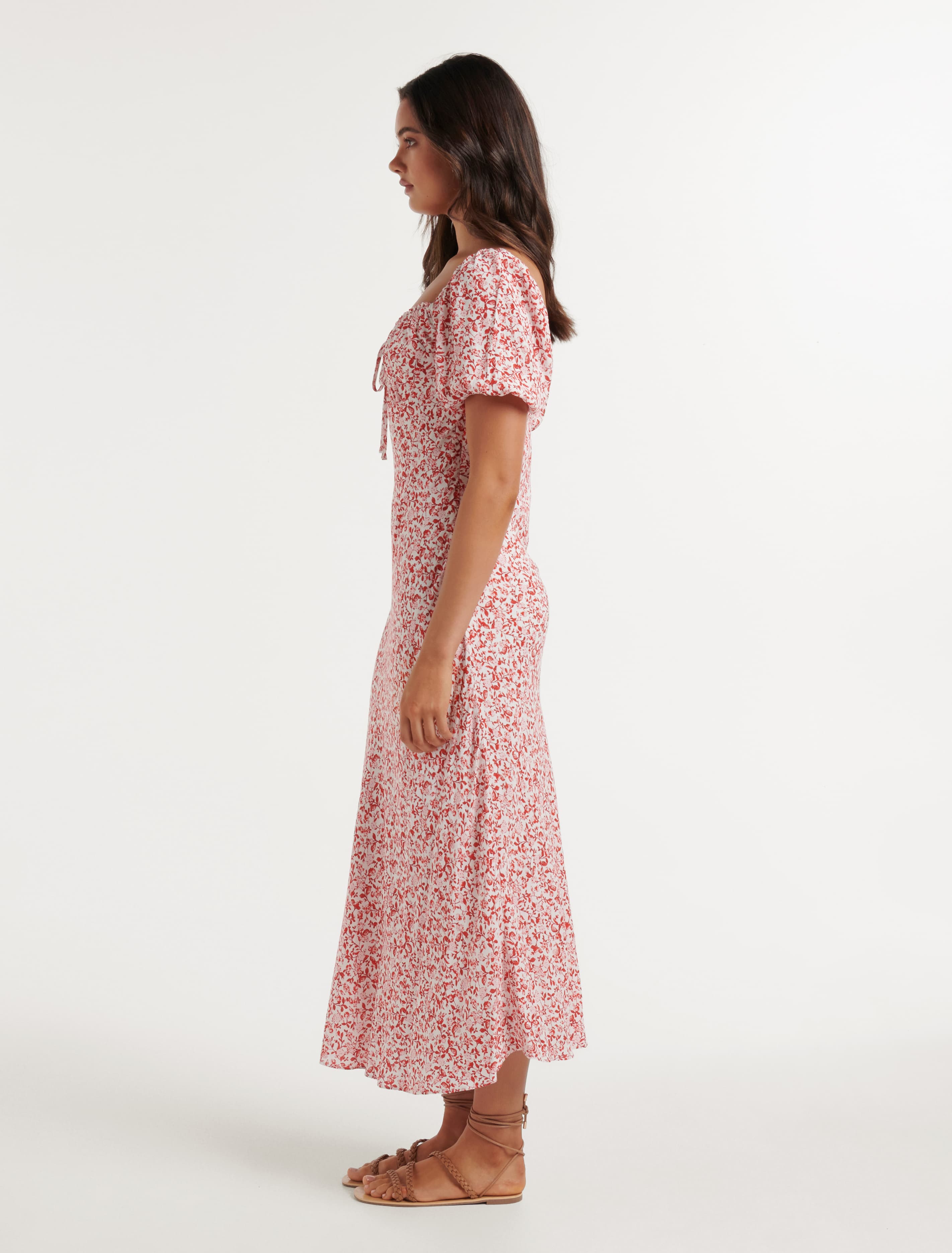 Lorelai Ruched Front Midi Dress Red Westbury Ditsy
