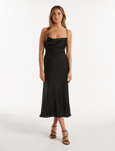 Opal Bias Cowl Satin Midi Dress Black