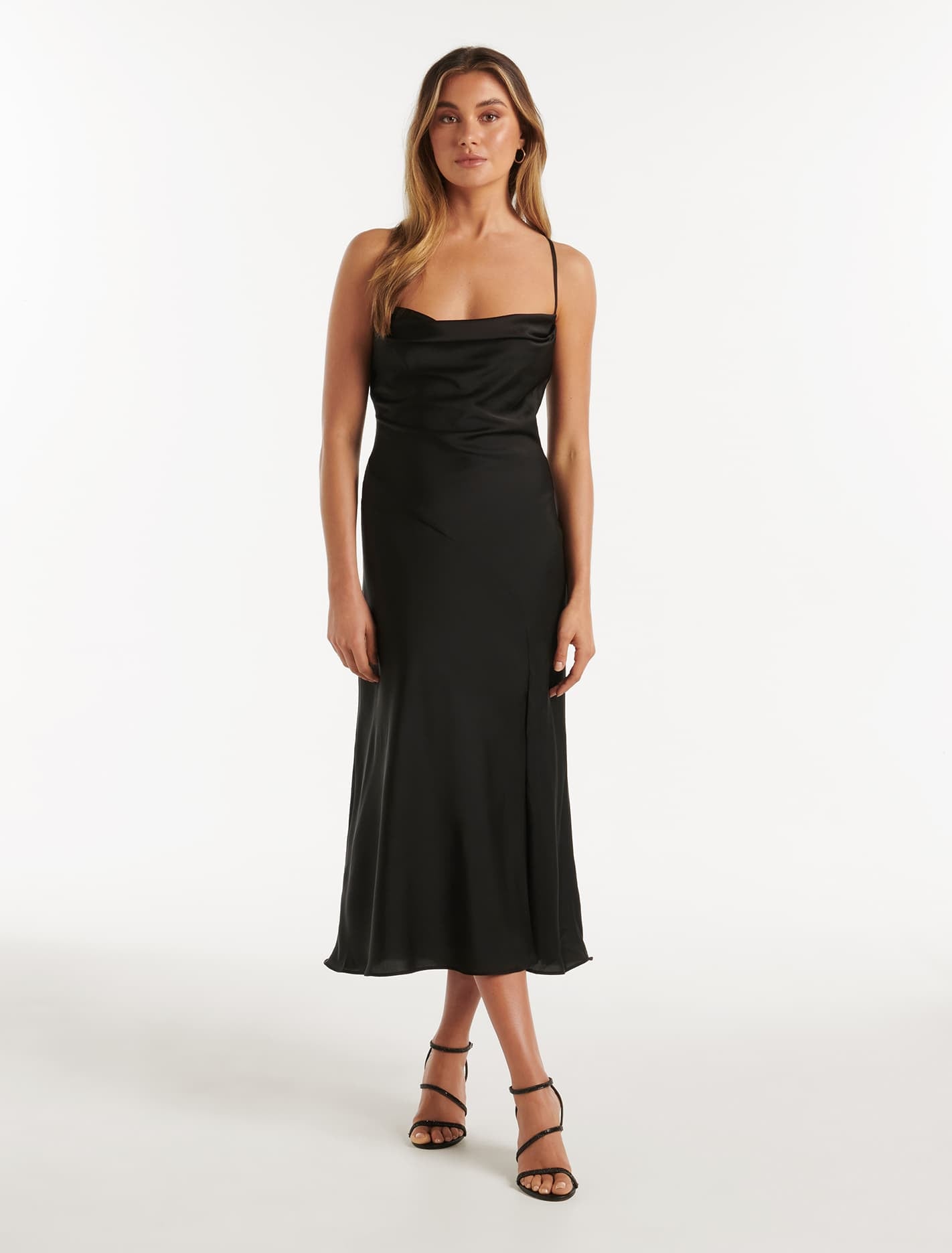 Opal Bias Cowl Satin Midi Dress Black