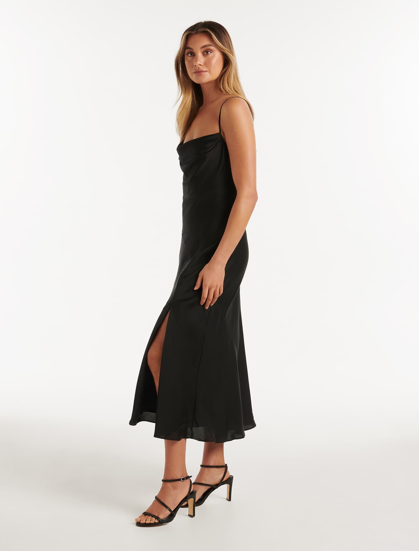 Opal Bias Cowl Satin Midi Dress Black