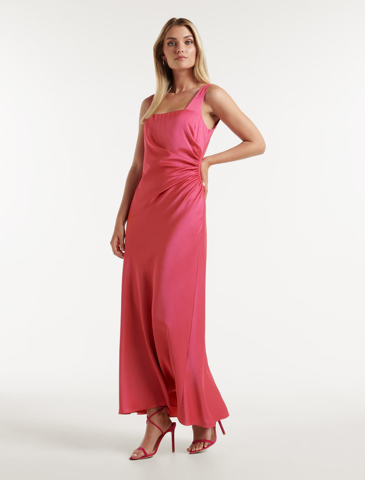 Winnie Square Neck Ruched Midi Dress Raspberry Jelly