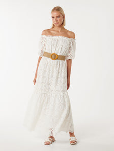 Beth Broderie Off Shoulder Dress Porcelain