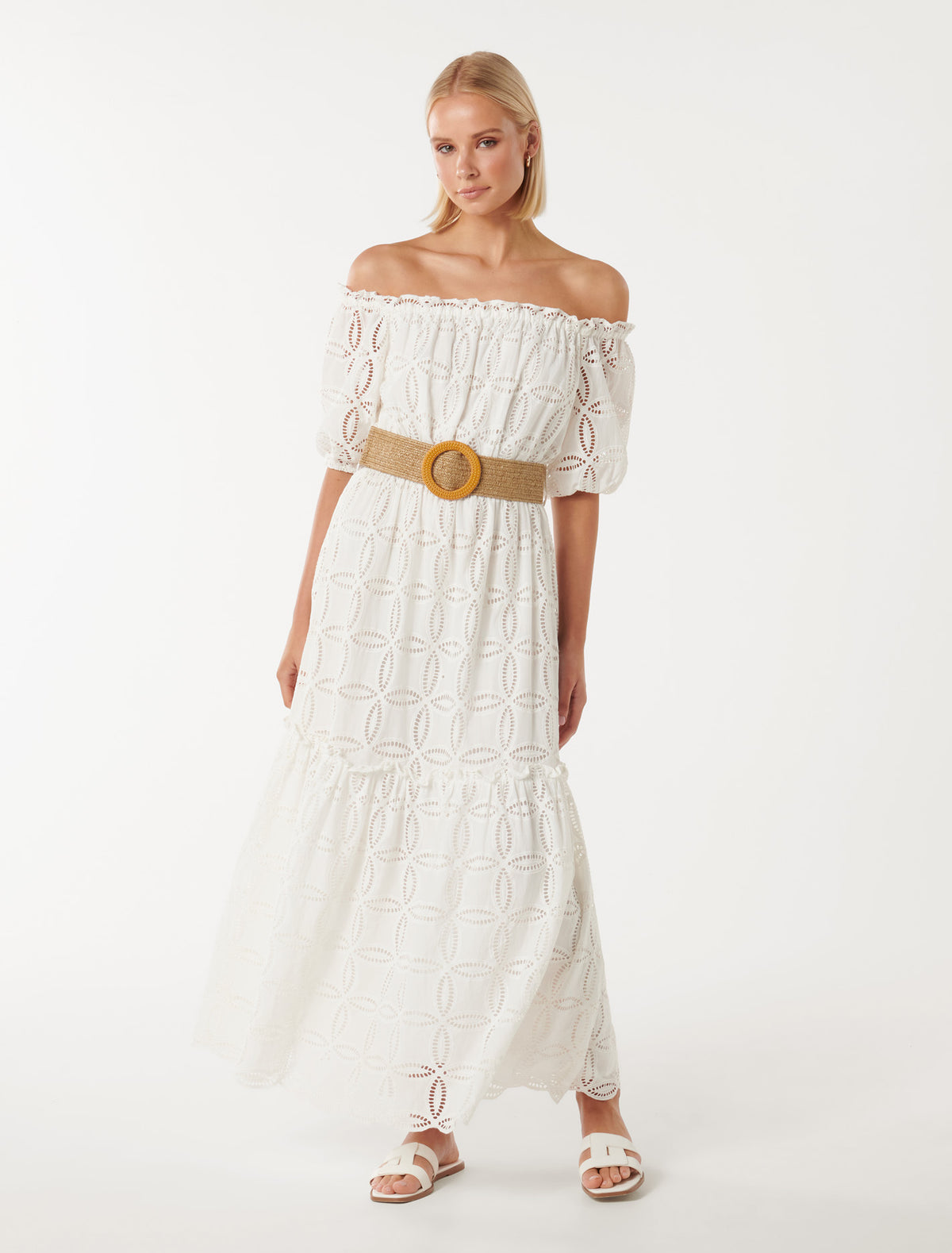 Beth Broderie Off Shoulder Dress Porcelain