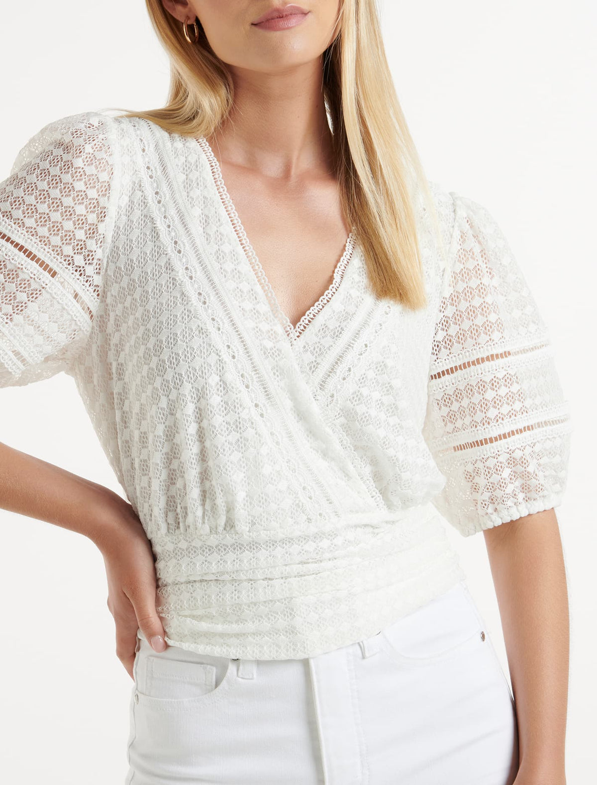 Ariel Spliced Lace Wrap Top Porcelain