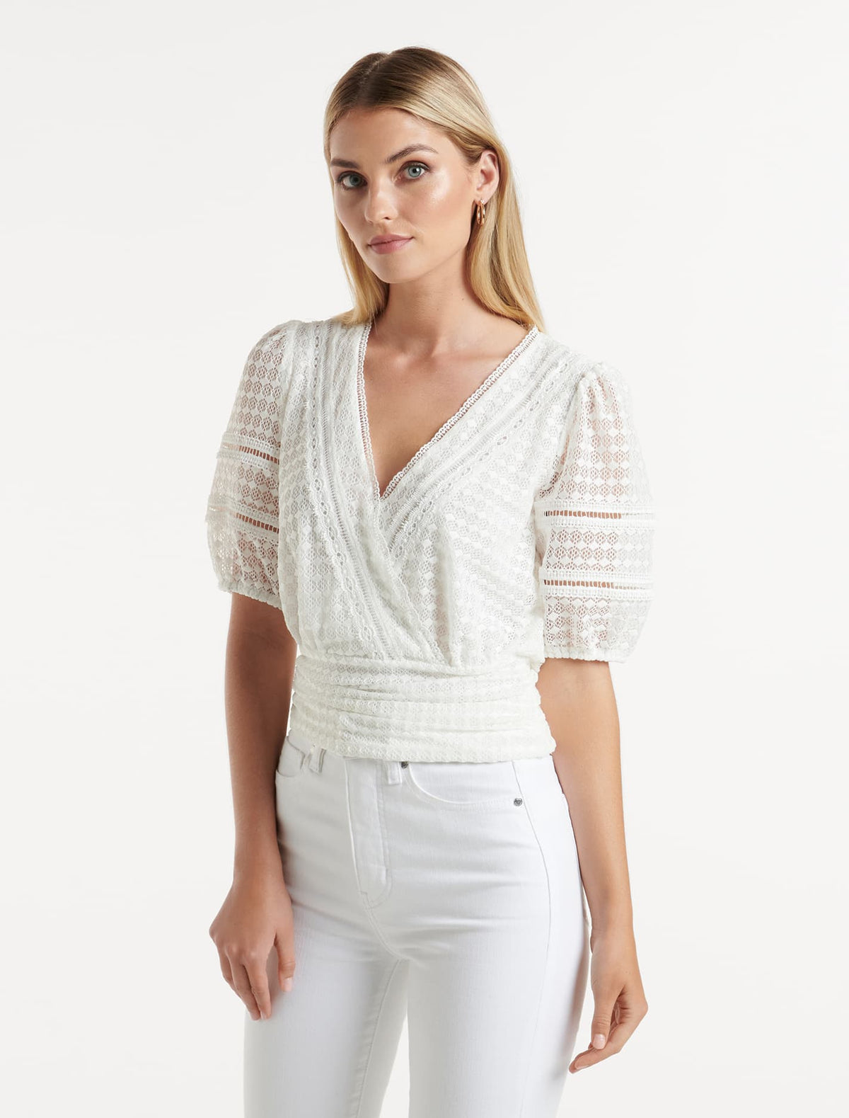 Ariel Spliced Lace Wrap Top Porcelain
