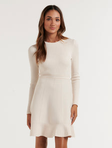 Cleo Petite Long Sleeve Mini Knit Dress Cream