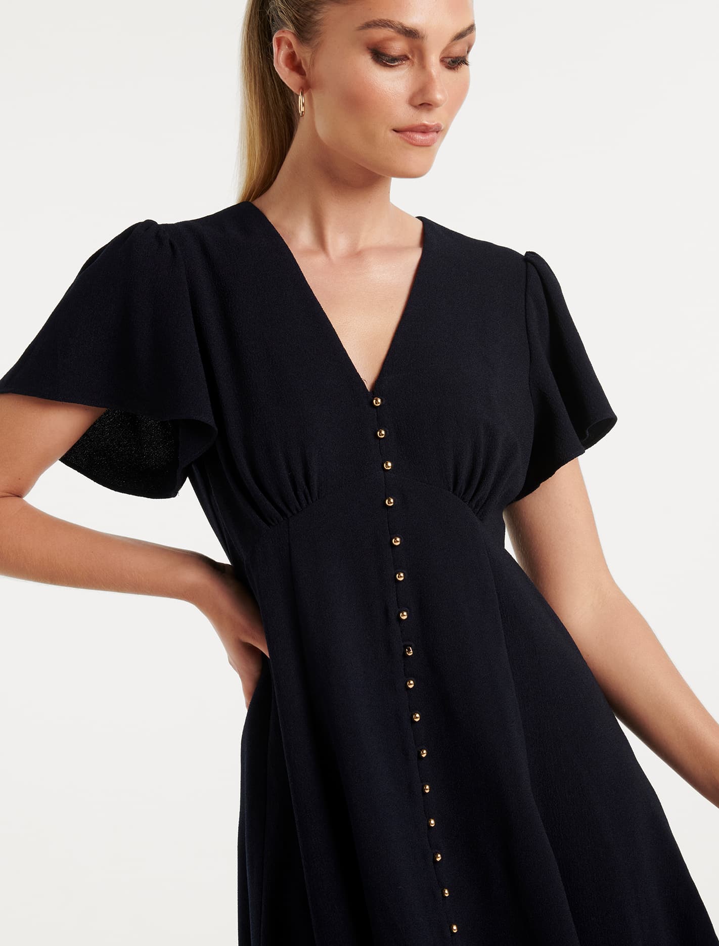 Elodie Flutter Sleeve Dress Navy